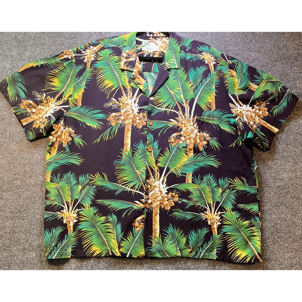 Paradise Found Hawaiian Shirt‎ Mens 2XL Palm Tree Button Up Rayon Aloha Tropical